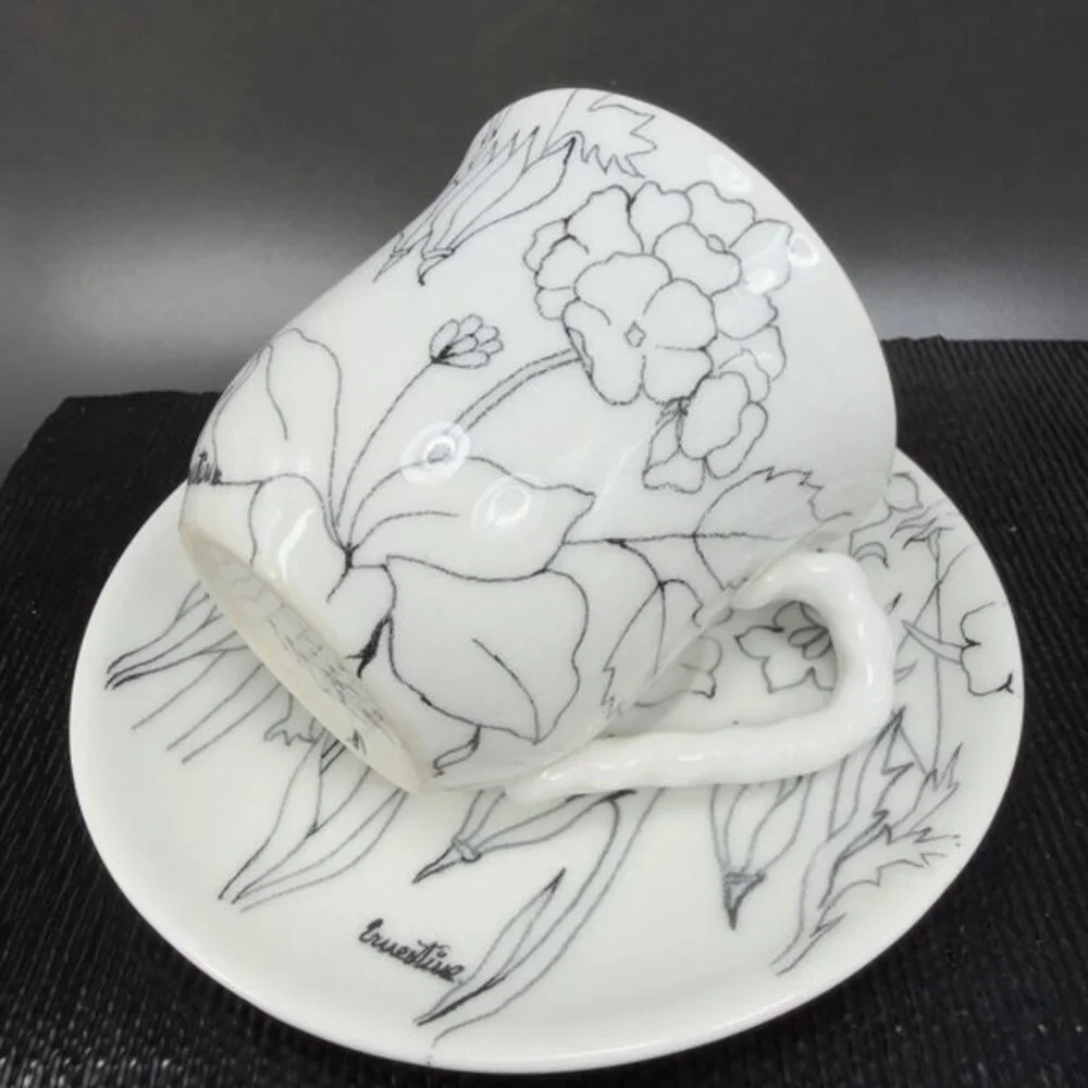 Hand Made Italian Pottery Teacup And Saucer Set Floral Pattern Artist Signed Set